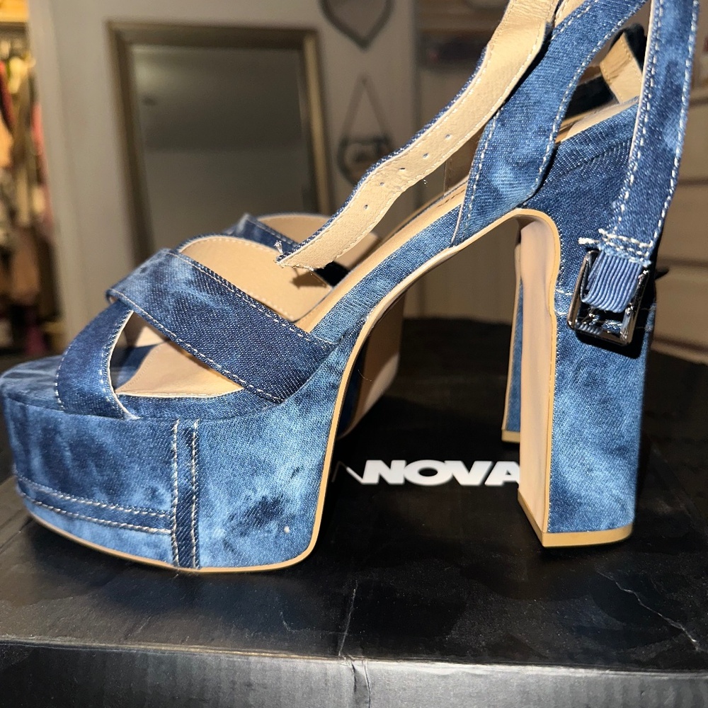 Denim platform heels, powder pink faux fur. Italian leather moto jacket